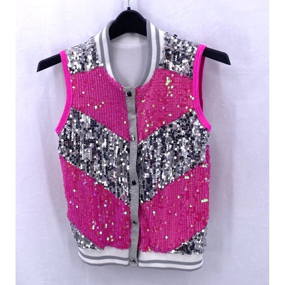 Weissman Dance Vest Girls Large Pink Silver Sequins Hip Hop Athletic Bling - Picture 1 of 5